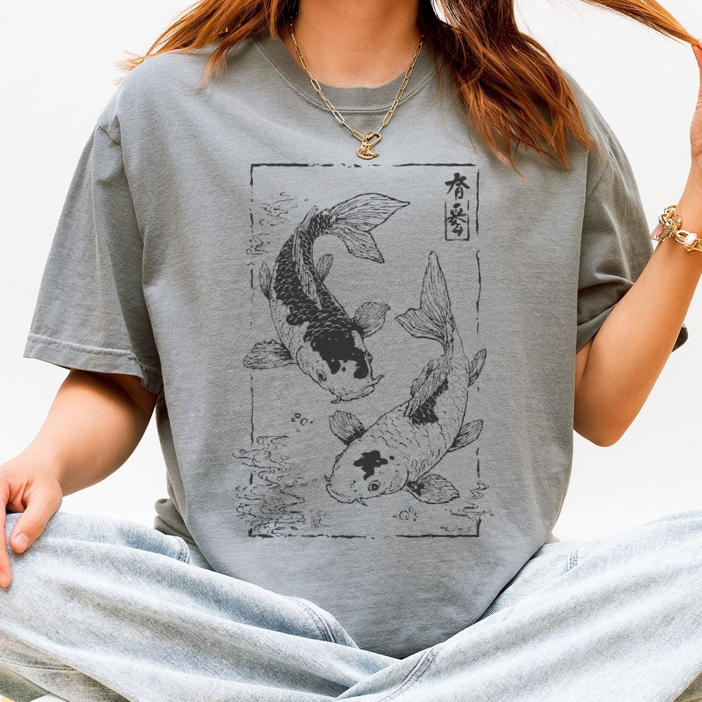 Koi Fish Graphic Tee Asian Art Black Ink Swimming Design